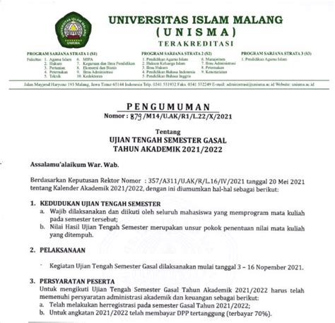 UTS Gasal 2021 2022 BAAK UNISMA