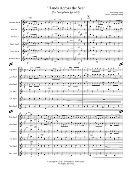 March Hands Across The Sea For Saxophone Quintet Sattb Or Aattb By John Philip Sousa