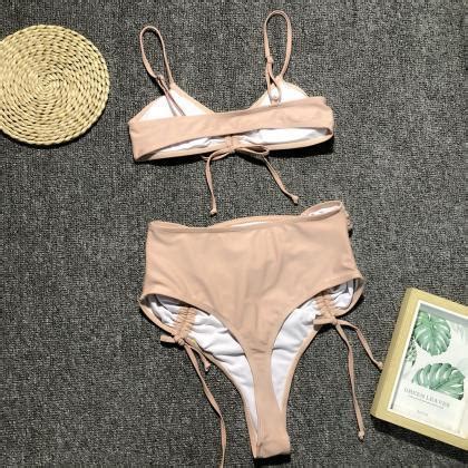 Strap High Waist Bikini Women S Split Swimsuit Solid Color Swimsuit On Luulla