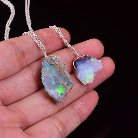 Sterling Silver Raw Opal Pendant Necklace Real Ethiopian Opal Rough