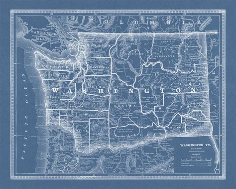 Vintage Map Of Washington State 1880s Blueprint Style Drawing By Blue