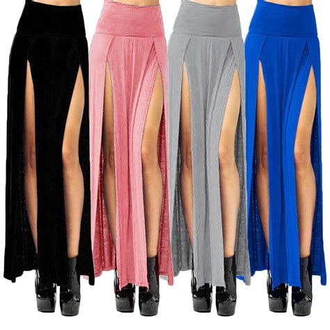 Sexy High Waisted Double Slit Split Skirt Open Leg Long Maxi Skirt Dress Pb