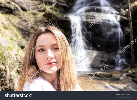 Portrait Pretty Blonde Woman Waterfall Stock Photo 2160736177 Shutterstock