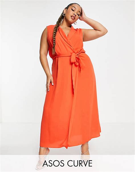 Asos Design Curve Tie Front Sleeveless Collared Wrap Midi Dress Orange