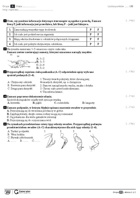 696163323 Test III Stawonogi i mięczaki Test z widoczną punktacją