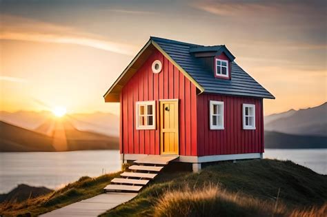 Premium Photo A Red House With A Blue Roof On A Hill With The Sun