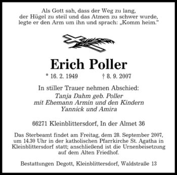 Traueranzeigen Von Erich Poller Saarbruecker Zeitung Trauer De