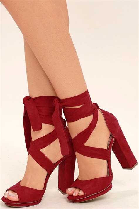 Lovely Dark Red Heels Lace Up Heels Vegan Suede Heels 3300