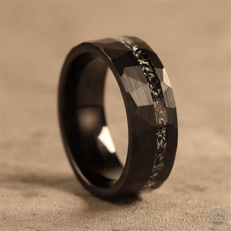 Black Meteorite Tungsten Ring, Hawaii Wedding Bands, Hammered Mens ...