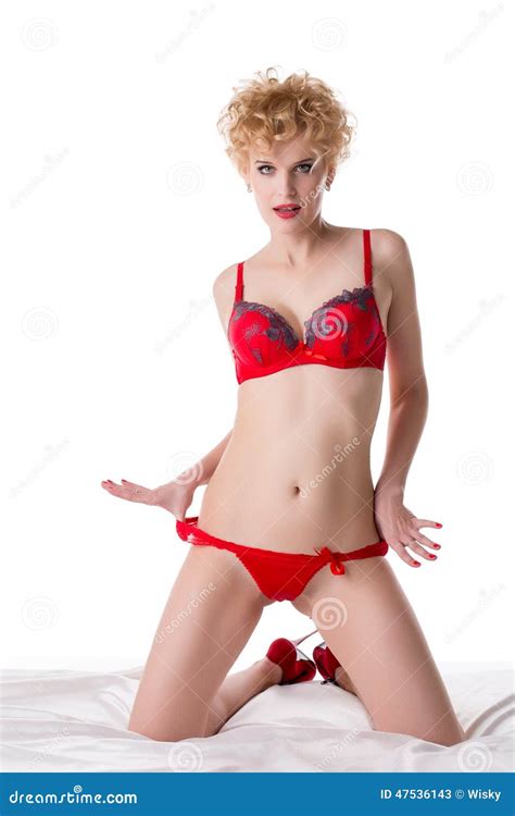 Image Of Platinum Blonde Posing In Red Lingerie Stock Image Image Of Vogue Sensual 47536143