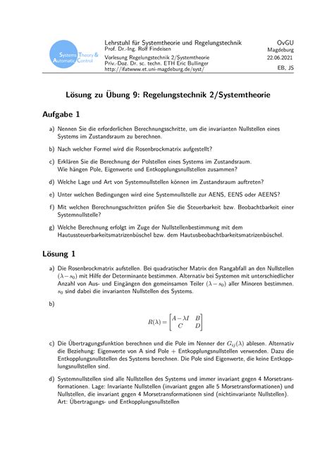 Rt Bung L Sung Lehrstuhl F Ur Systemtheorie Und Regelungstechnik