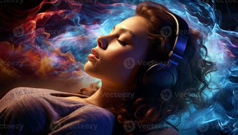 Young woman in headphones listening to music, healing therapy and ...