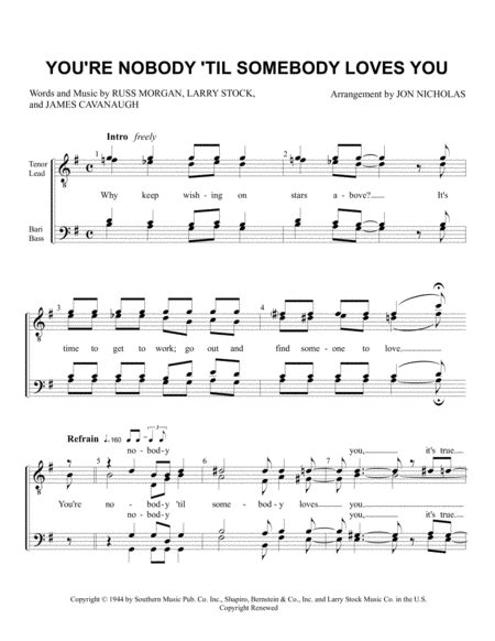 You Re Nobody Til Somebody Loves You Arr Jon Nicholas Sheet Music