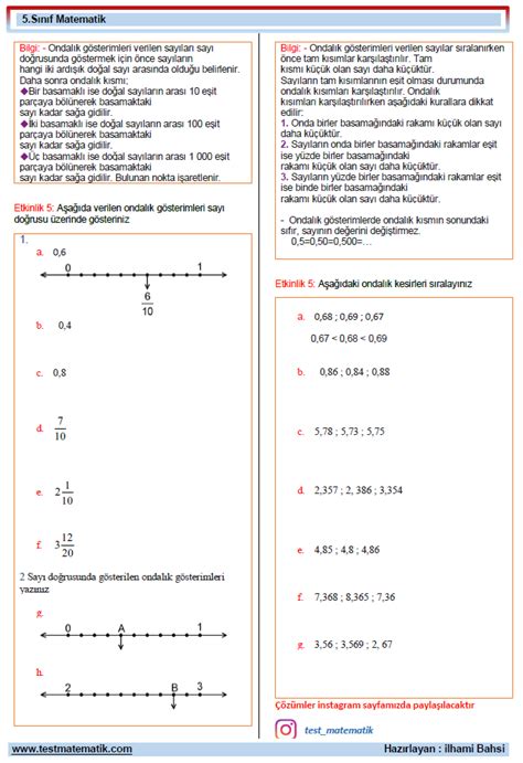 Sinif Ondalik G Ster Mler Ali Ma Ka Idi Test Matematik