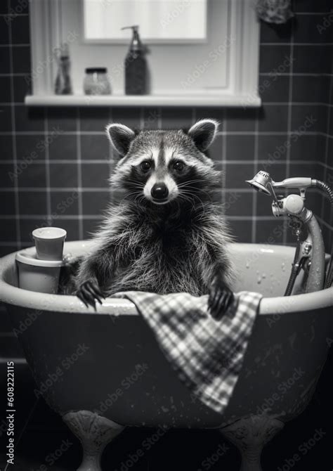 Raccoon In Bath Black And White Raccoon Bathing In The Bathtub Funny