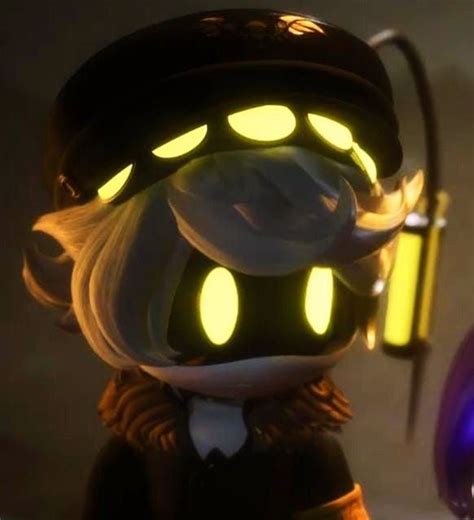 An Animated Character With Glowing Yellow Eyes And Headphones Standing Next To A Purple Object