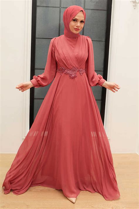 Dark Salmon Pink Hijab Evening Dress 3435ksmn Neva