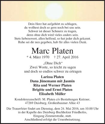 Traueranzeigen Von Marc Platen Trauer In NRW De