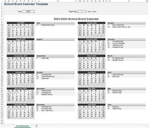 School Event Calendar Excel Template