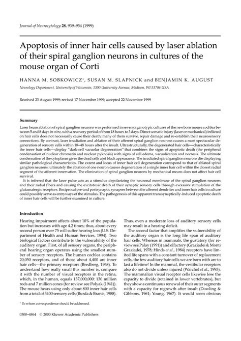 Pdf Apoptosis Of Inner Hair Cells Caused By Laser Ablation Of Their