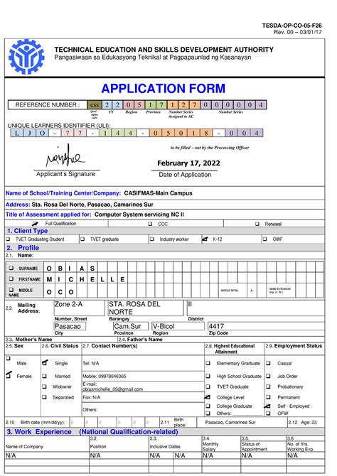 Sample Application Form 2 CCA TESDA OP CO 05 F Rev 00 03 01