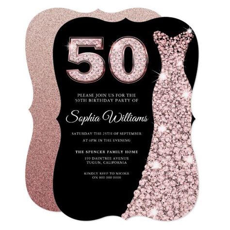 Rose Gold Blush Pink Dress Black 50th Birthday Invitation Zazzle