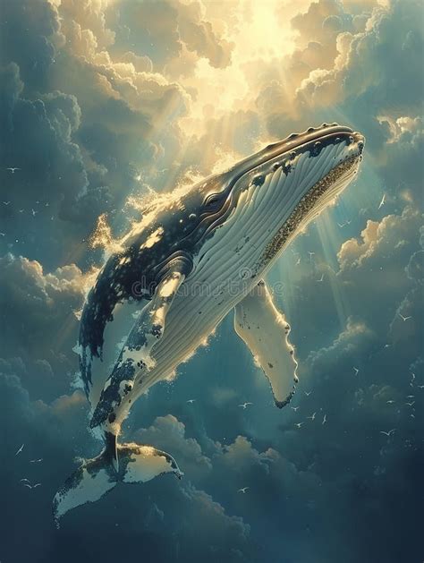 Whale Soaring Through A Cloud Filled Sky Stock Photo Image Of Wonder