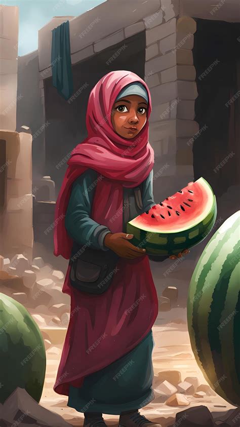 Premium Ai Image Palestinian Girl Wearing Hijab With Watermelon In Gaza Ruins