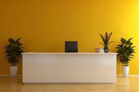 A White Reception Desk In A Modern Office With A Wooden Floor And