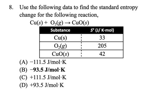 Use The Following Data To Find The Standard Entropy Change For The