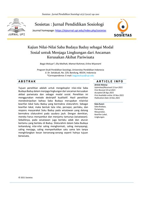 PDF Kajian Nilai Nilai Saba Budaya Baduy Sebagai Modal Sosial Untuk