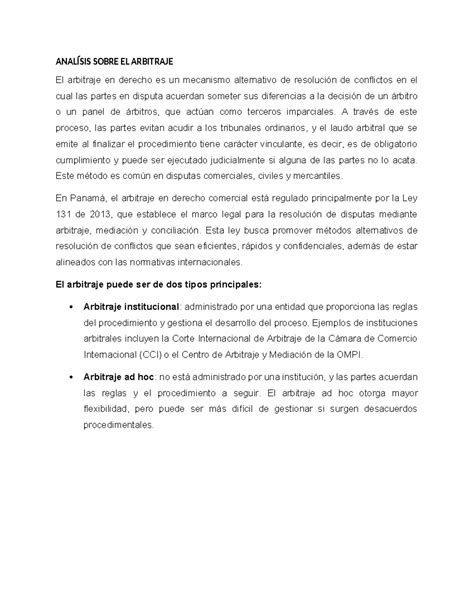 Analísis Sobre EL Arbitraje corregido - ANALÍSIS SOBRE EL ARBITRAJE El