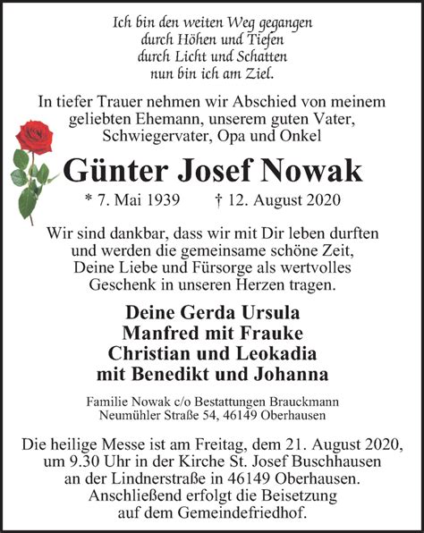 Traueranzeigen Von G Nter Josef Nowak Trauer In Nrw De