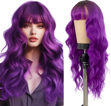 Siudus Purple Long Wavy Wig For Women With Highlight Natural Middle Part Wig 28inch