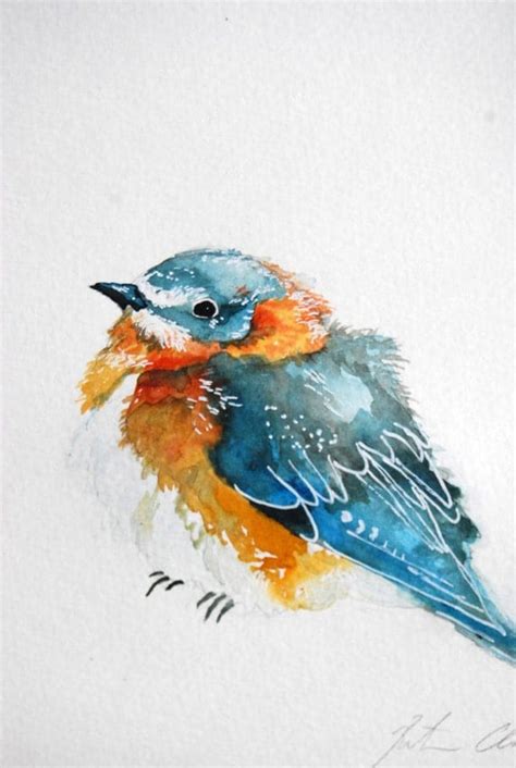 Watercolor Painting Original Bluebird Bird Painting by WoodPigeon