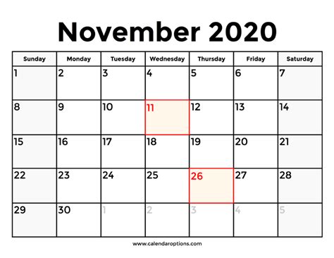 November 2020 Calendar With Holidays – Calendar Options