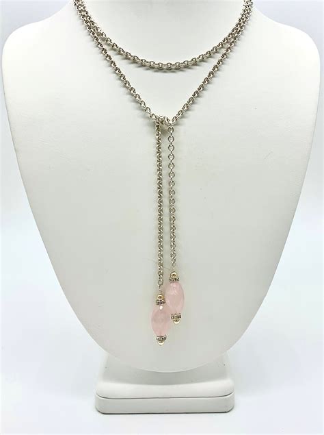 Sterling Silver Lariat Necklace With Pink Quartz Faceted Oval Gemstones