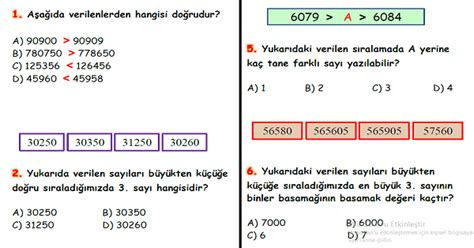 4 Snıf Matematik Doğal Sayılarda Sıralama Yaprak Test Meb Ders