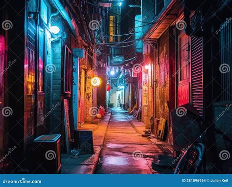 Dark Cyberpunk Alley with Glowing Sign Stock Illustration ...