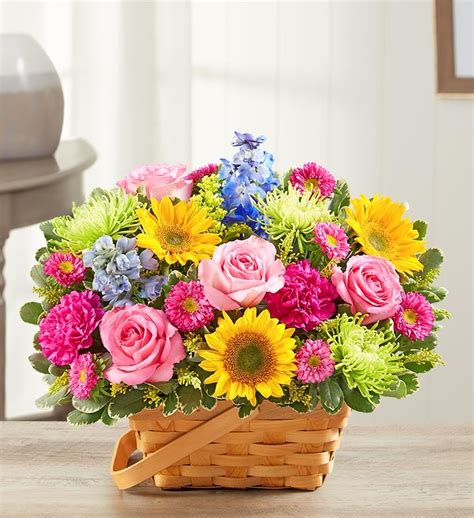 Sunny Garden Basket With Roses Sunflowers And More