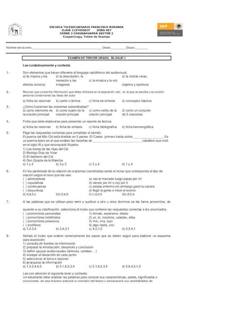 Pdf Examen De Tercer Grado Bloque Ii Pdf Fileexamen De Tercer