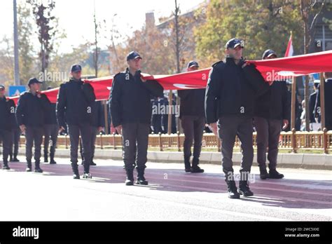 Turkish police units march in uniform during the Republic Day parade ...