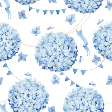 Acuarela De Patrones Sin Fisuras Con Flores De Hortensias Azules Y