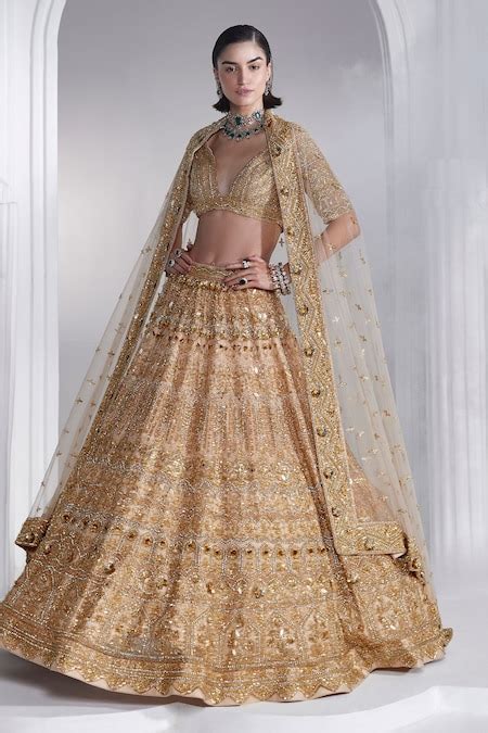 Buy Gold Net Embroidered Swarovski Plunge V Bridal Lehenga Set For