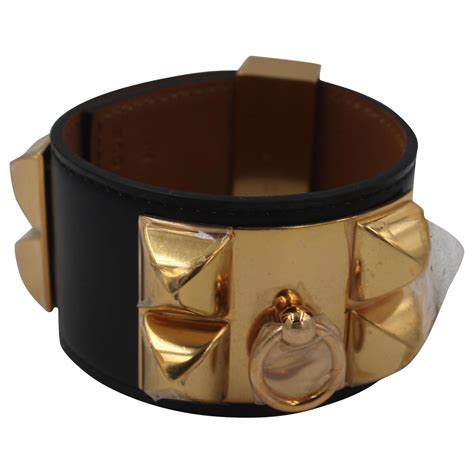 Hermès Bracelet Collier de chien Black Gold Leather ref 204408 Joli