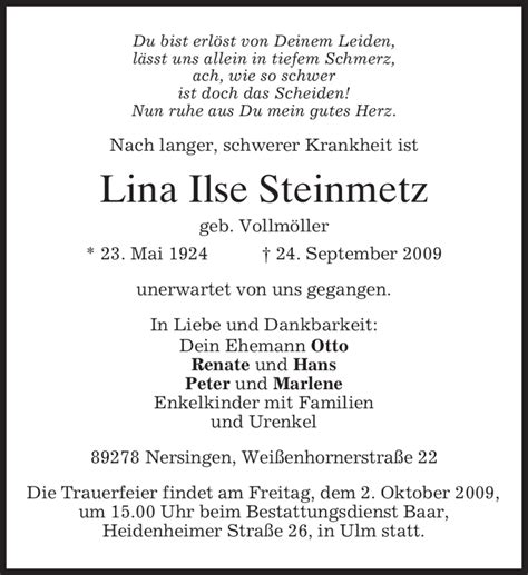 Traueranzeigen Von Lina Ilse Steinmetz Trauer Merkur De