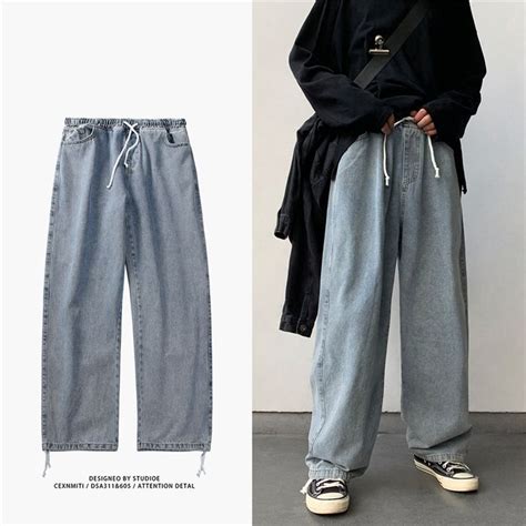 Korean Style Loose Wide Leg Jeans For Men 2020 Blue Baggy Denim Pants Kpop Clothes Fashion