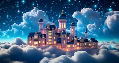 A Castle in the Sky with Many Lights Shining at Night Stock Illustration - Illustration of ...