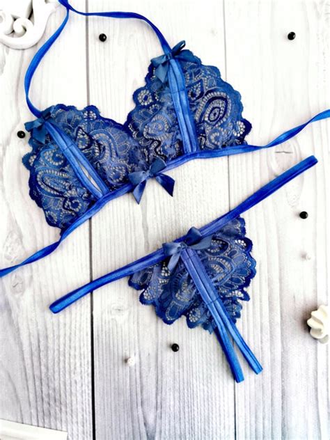 Sexy Blue Lace Lingerie Set Crotchless Wedding Lingerie Erotique