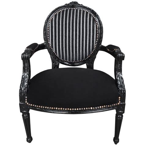 Fauteuil Louis XVI de style baroque rayé noir et blanc en velours et